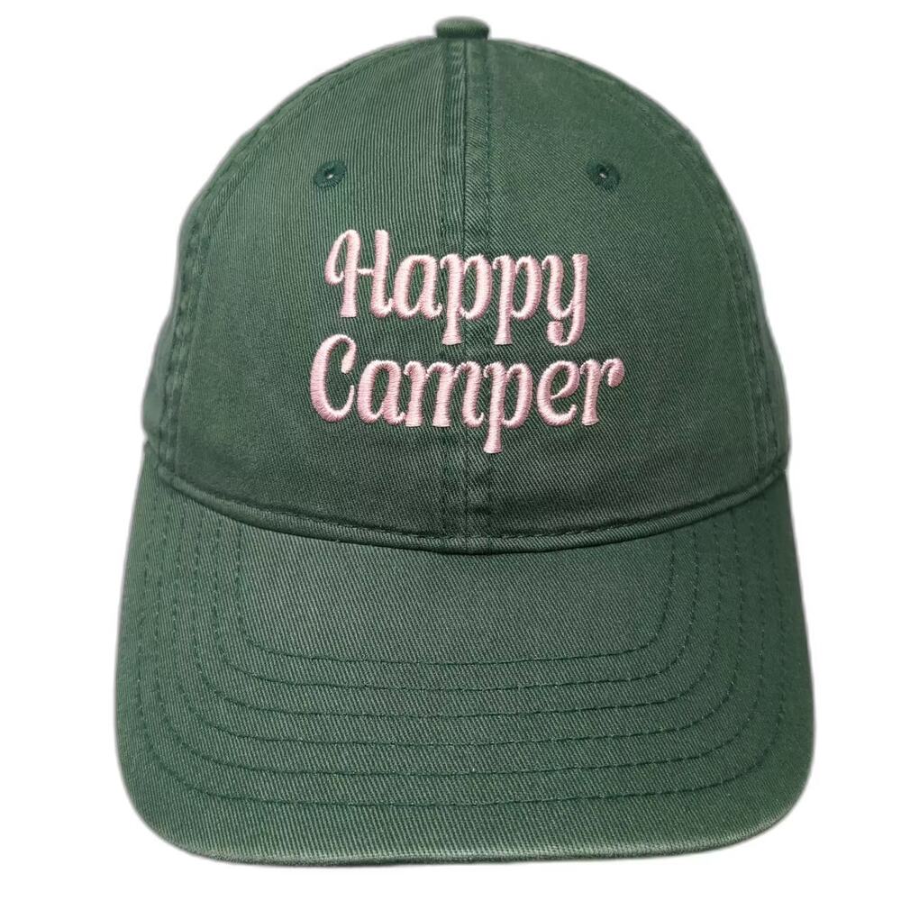 Mighty Fine Happy Camper Baseball Cap Hat Green Pink OS Slideback Embroidered